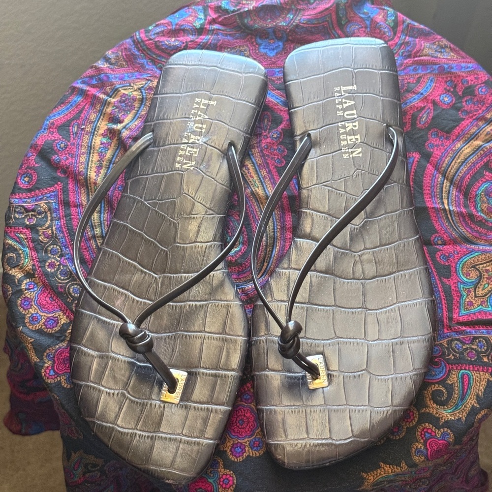 Lauren Ralph Lauren Black Croc-Embossed Knot Flip Flop Sandal